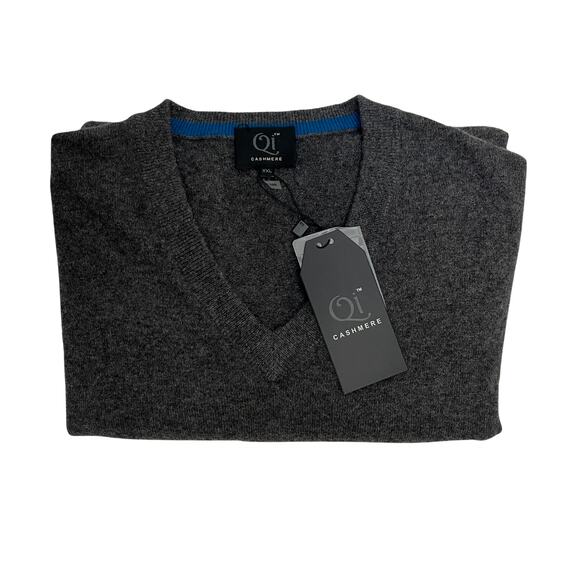 1-32 QI CASHMERE Men's Sweater V-Neck Charcoal-Gray 2XL - Picture 8 of 10